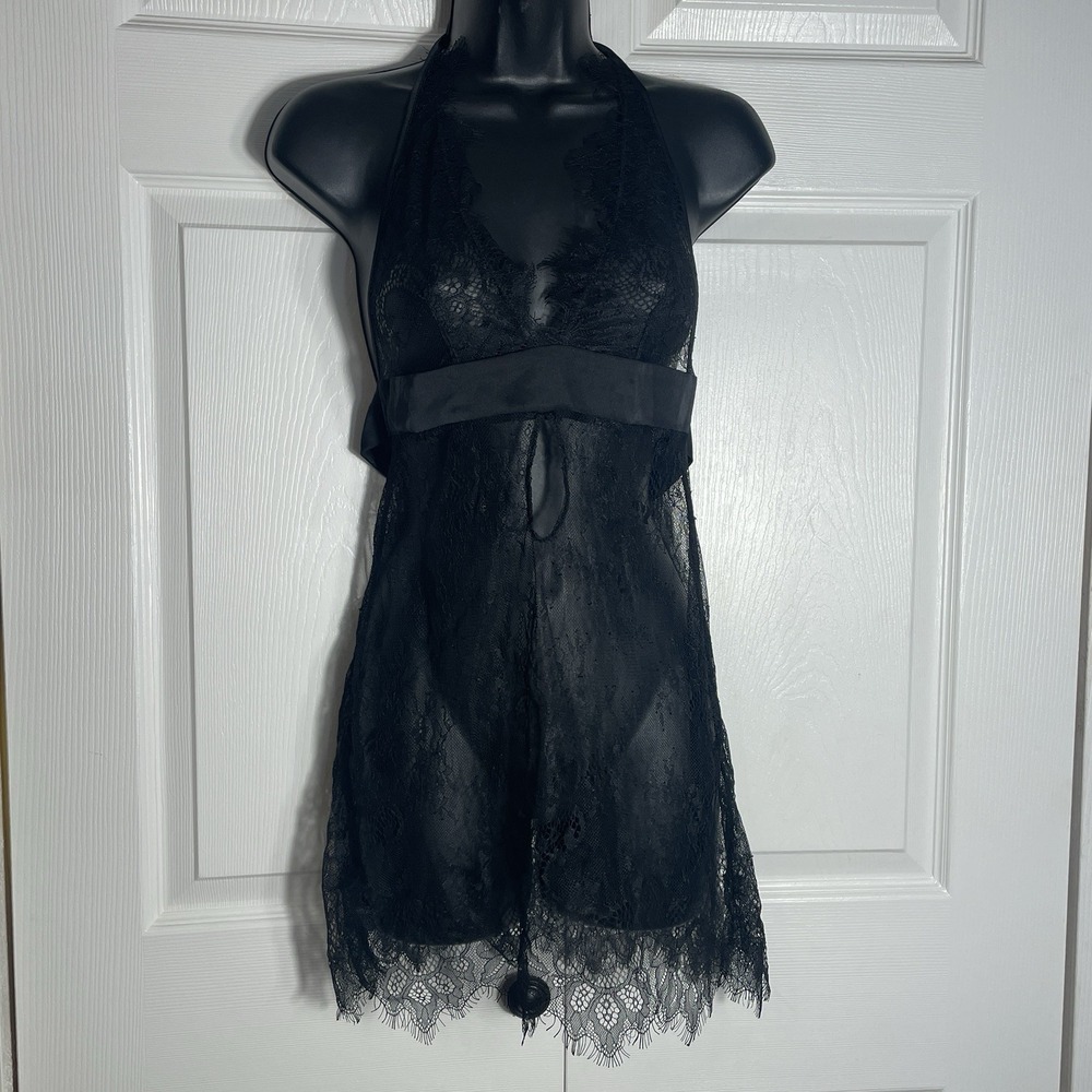 Glitterโ Sheer Lace Halter Dress Women M Black Lingerie Chemise Matching Thong